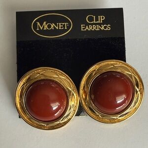 Monet Gold and Deep Red /Rust Clip Earrings